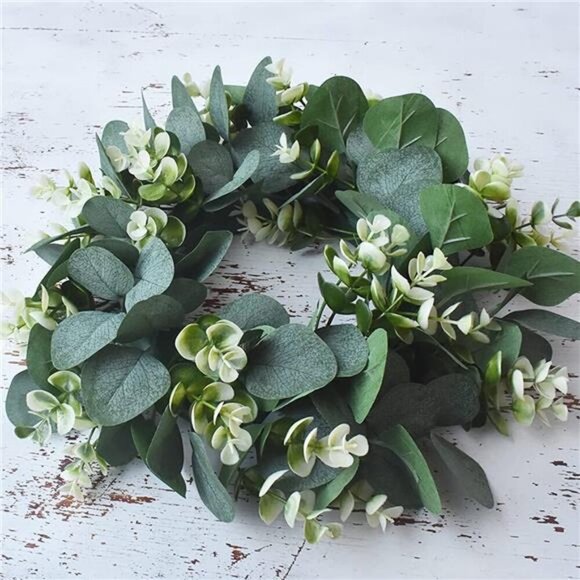 1 Pack Green Eucalyptus Wreath Round Artificial Farmhouse Wreath for Door Wall - Picture 2 of 7